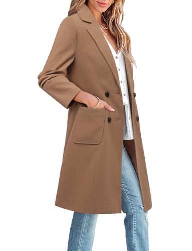 Women's Notch Lapel Double Breasted Mid Long Pea Coat Wool Blend Overcoat Winter Outwear