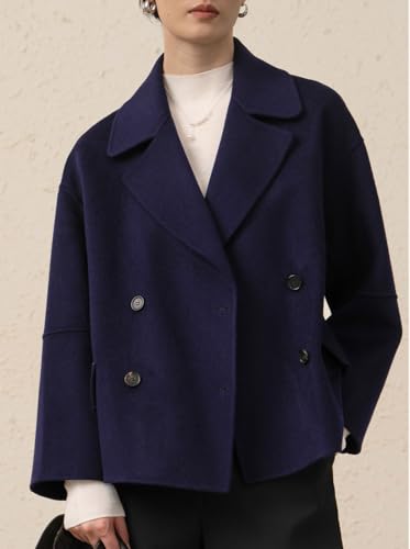 Women Cropped Wool Pea Coats Notched Lapel Double Breasted Crop Woolen Trench Coat Short Jackets with Pockets