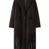 Women's Long Coat Notch Lapel Single-Breasted Jacket with Fringe Hem