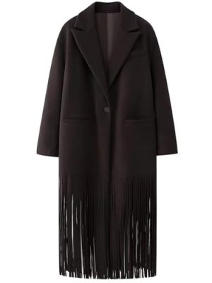 Women's Long Coat Notch Lapel Single-Breasted Jacket with Fringe Hem