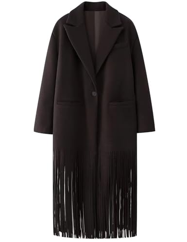 Women's Long Coat Notch Lapel Single-Breasted Jacket with Fringe Hem