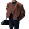 Women's Casual Single Breasted Cropped Wool Blazer Jacket Contrast Collar Wool Blend Short Pea Coat Overcoat