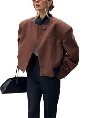 Women's Casual Single Breasted Cropped Wool Blazer Jacket Contrast Collar Wool Blend Short Pea Coat Overcoat