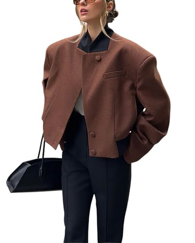 Women's Casual Single Breasted Cropped Wool Blazer Jacket Contrast Collar Wool Blend Short Pea Coat Overcoat