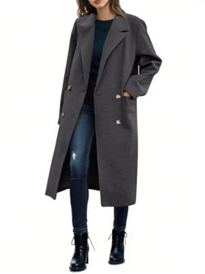 Womens Trench Coat Winter Lapel Double Breasted Long Pea Coat Casual Work Office Overcoat with Pocket