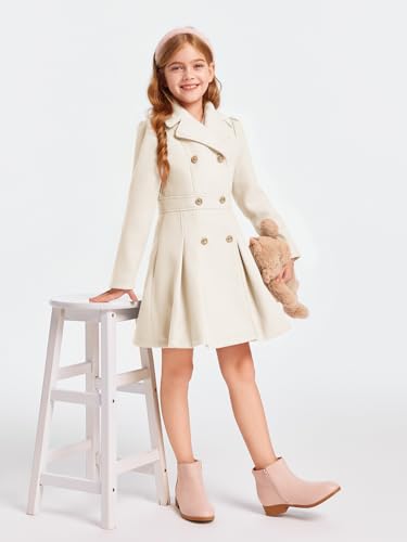 Girls Winter Dress Coat Button Peacoat Notch Lapel Double Breasted Outerwear with Pockets 5-14 Years
