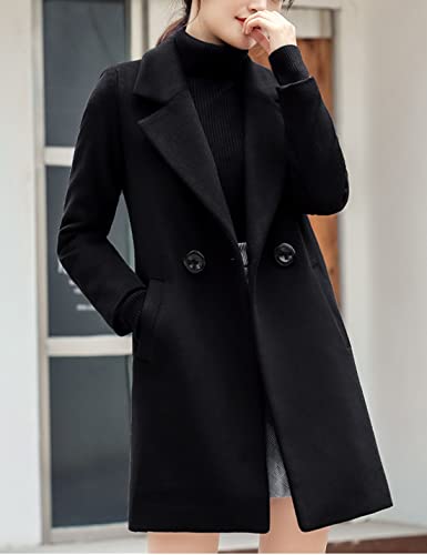 Womens Elegant Notched Collar Button Wool Blend Solid Long Pea Coat Overcoat