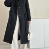 Women's Winter Hidded Button Wool Coat Stand Collar Belted Long Trench Overcoat with Pockets