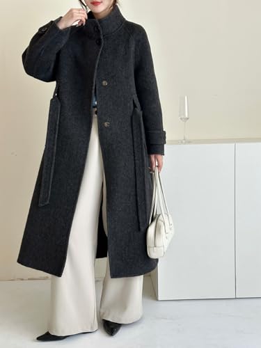Women's Winter Hidded Button Wool Coat Stand Collar Belted Long Trench Overcoat with Pockets