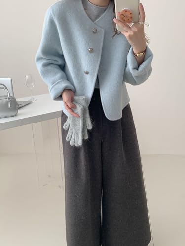 Women Short Wool Pea Coat Long Sleeve Button Down Short Jacket Cropped Woolen Blend Coat Outerwear
