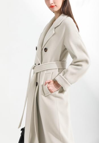 Women's Winter Double Breasted Wool Coat Business Casual Midi Long Winter Trench Coat with Belt