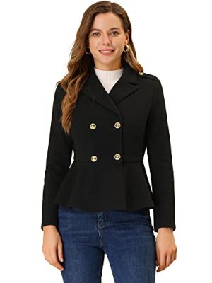 Double Breasted Pea Coat for Women's Notched Lapel Office Blazer Peplum Jacket
