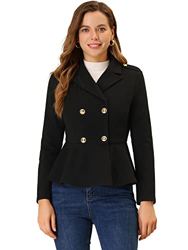 Double Breasted Pea Coat for Women's Notched Lapel Office Blazer Peplum Jacket