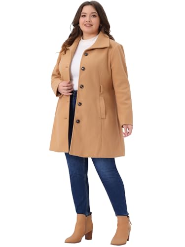 Plus Size Pea Coat for Women Lapel Long Sleeves Single Breasted Overcoat Pockets Winter Outerwear with Belt
