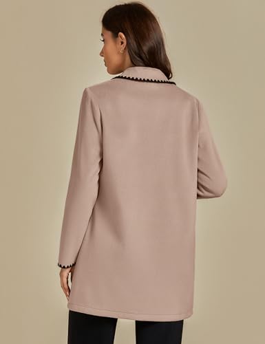 Pea Coats for Women Trendy Embroidered Contrast Trim Long Peacoat Jackets Lapel Button Winter Coat with Pockets