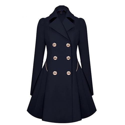 Women's Notched Lapel Double Breasted Pea Coats Mid-Long Wool Dresses Coat Fall Winter Warm Trench Coat Overcoat