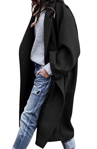 Women's Oversized Notched Collar Wool Blend Single Breast Midi Long Trench Coat