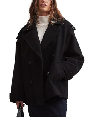 Majdan Women's Double Breasted Short Peacoat Winter Thick Wool Coat Oversized Jacket with Pockets