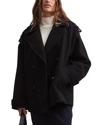 Majdan Women's Double Breasted Short Peacoat Winter Thick Wool Coat Oversized Jacket with Pockets
