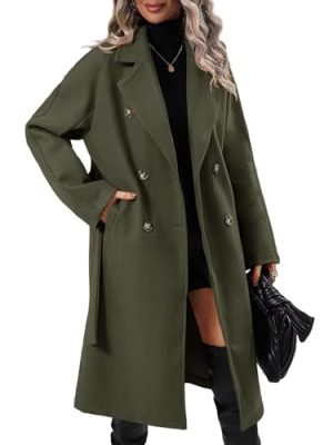 Women Elegant Wool Pea Coat Lapel Collar Double Breasted Mid-Long Winter Overcoats with Belted Pockets