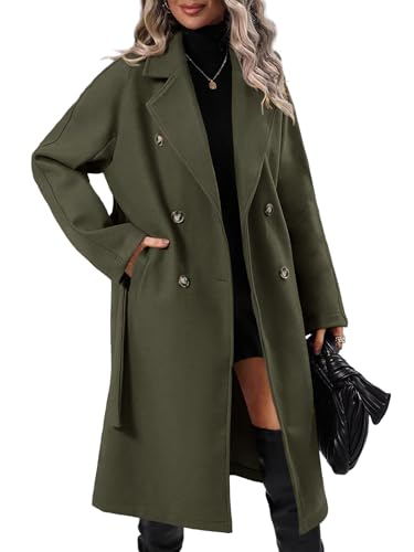 Women Elegant Wool Pea Coat Lapel Collar Double Breasted Mid-Long Winter Overcoats with Belted Pockets