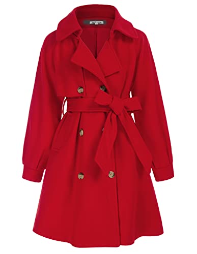 Girls Dress Coat Lapel Wool Blend Long Winter Jackets with Pockets Belt 6-14Y