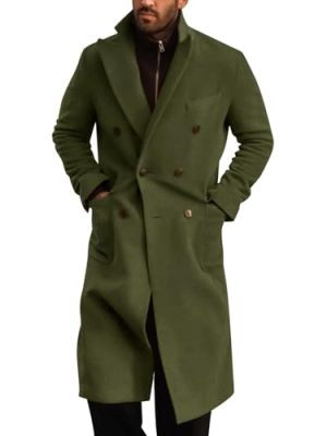Mens Wool Blend Casual Trench Coat Notched Collar Lapel Long Jacket Double Breasted Classic Winter Overcoat