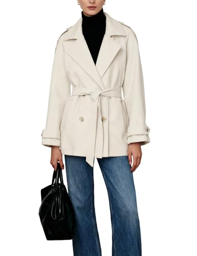 Women's Wool Blend Pea Coat Notch Lapel Double Breasted Winter Loose Short Button Belt Outerwear Jacket