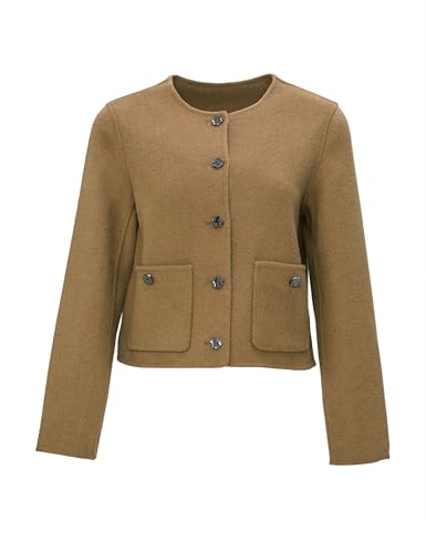 SDEER Women's Short Wool Blend Pea Coats Round Neck Long Sleeve Button Down Jackets Open Front Cropped Coat