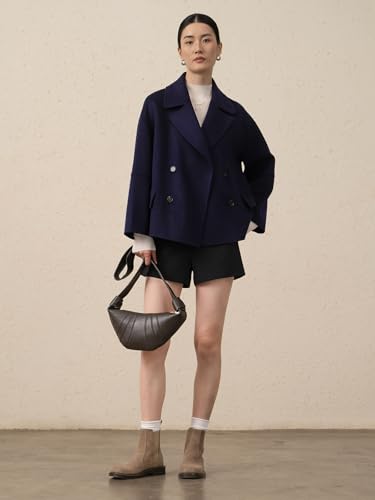 Women Cropped Wool Pea Coats Notched Lapel Double Breasted Crop Woolen Trench Coat Short Jackets with Pockets