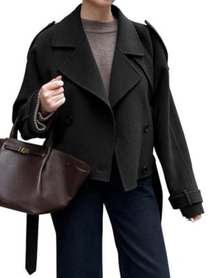 Womens Cropped Pea Coat Double Breasted Dressy Casual Notched Lapel Wool Blend Overcoat with Belt