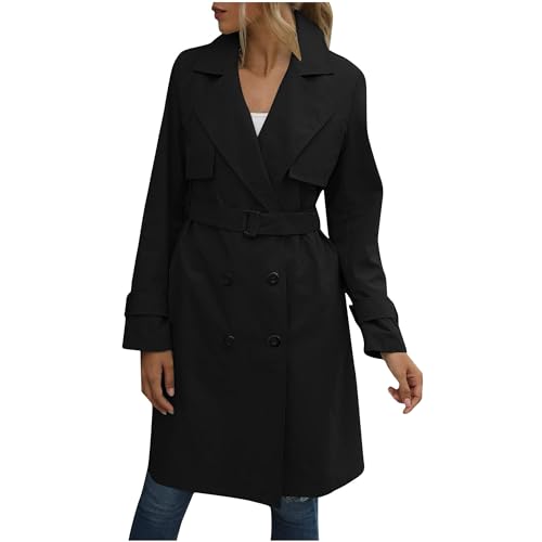 Mid Long Trench Coat for Women Double Breasted Classic Lapel Windproof Overcoat Fashion Outerwear with Belt