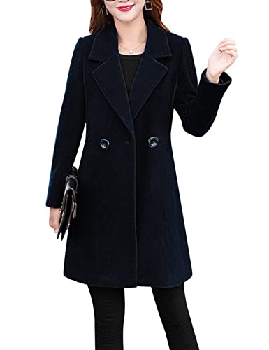 Womens Elegant Notched Collar Button Wool Blend Solid Long Pea Coat Overcoat