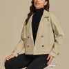 Cropped Trench Coat for Women Long Sleeve Double Breasted Notched Lapel Casual Loose Fit Jackets with Pockets