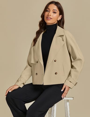 Cropped Trench Coat for Women Long Sleeve Double Breasted Notched Lapel Casual Loose Fit Jackets with Pockets
