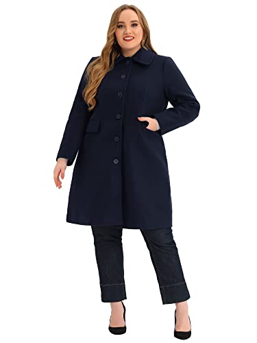 Plus Size Women Long Coats Peter Pan Collar Single Breasted with Pockets Trench Winter Long Peacoat