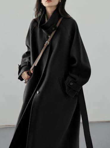 Women's Winter Hidden Single Breasted Wool Coat Raglan Sleeve Business Long Wool Overcoat