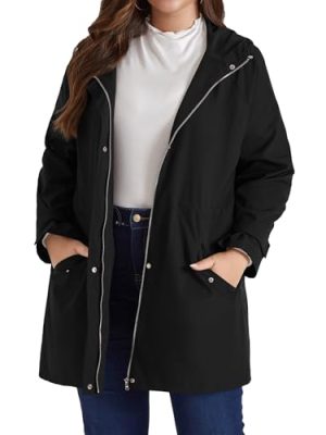 Women's Plus Size Waterproof Raincoat Lightweight Windbreaker Hooded Jacket with Pockets