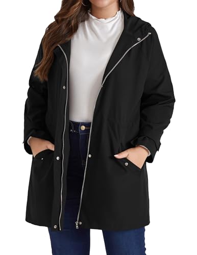 Women's Plus Size Waterproof Raincoat Lightweight Windbreaker Hooded Jacket with Pockets