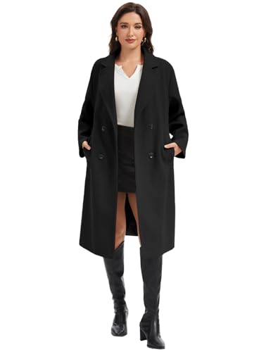 Womens Long Pea Coat Notch Lapel Double Breasted Trench Coat Fall Winter Overcoat Long Jacket