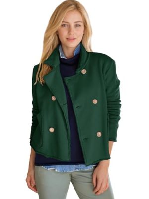 Women's Cropped Pea Coat Notched Lapel Double Breasted Trench Overcoat Blazer Jacket with Pockets