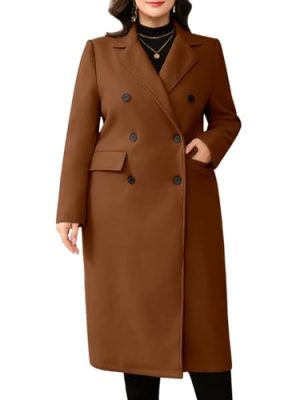 Women's Plus Size Wool Pea Coat Double Breasted Notch Lapel Collar Fall Winter Classic Long Trench Coat