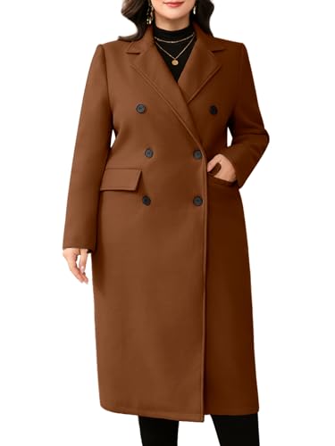 Women's Plus Size Wool Pea Coat Double Breasted Notch Lapel Collar Fall Winter Classic Long Trench Coat