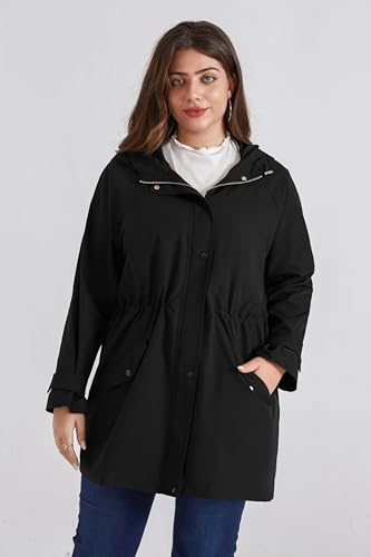 Women's Plus Size Waterproof Raincoat Lightweight Windbreaker Hooded Jacket with Pockets
