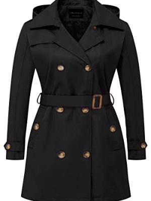 Women's Plus Size Trench Coat Double-Breasted Classic Lapel Overcoat Belted Outerwear Coat with Detachable Hood