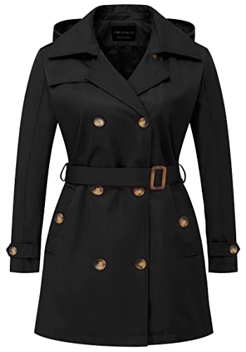 Women's Plus Size Trench Coat Double-Breasted Classic Lapel Overcoat Belted Outerwear Coat with Detachable Hood