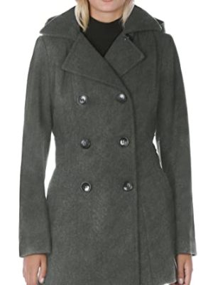 Women's Soft Wool Blend Peacoat – Double Breasted Winter Coat with Detachable Hood