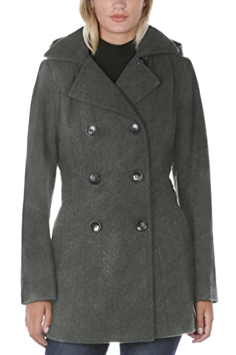 Women's Soft Wool Blend Peacoat – Double Breasted Winter Coat with Detachable Hood