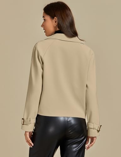 Cropped Trench Coat for Women Long Sleeve Double Breasted Notched Lapel Casual Loose Fit Jackets with Pockets