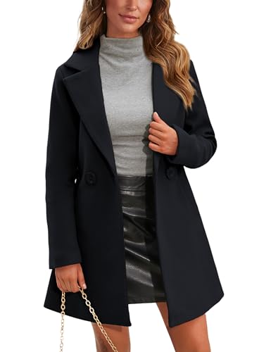 Women's Wool Pea Coat Notched Collar Double Breasted Midi Long Trench Coat Outwear